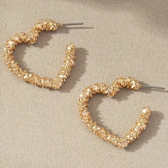 Gold Textured Heart Hoop Earrings Valentine’s Day - Picture 1 of 2